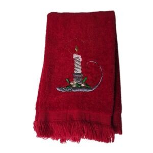 Cannon Christmas Hand Towel Candle Holly Fringe Embroidered Red Vintage USA